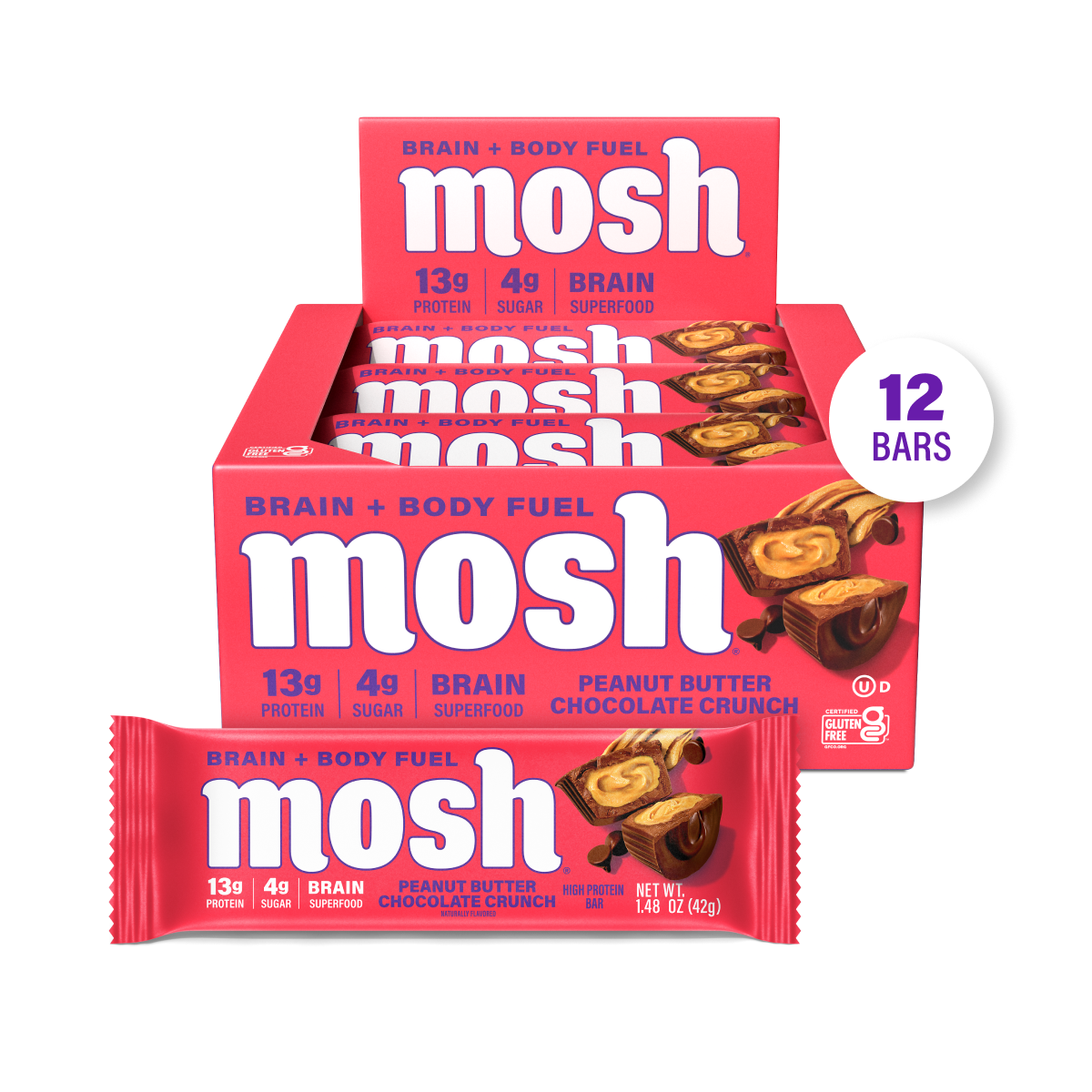 MOSH Peanut Butter Chocolate Crunch Protein Bars (12 Pack)