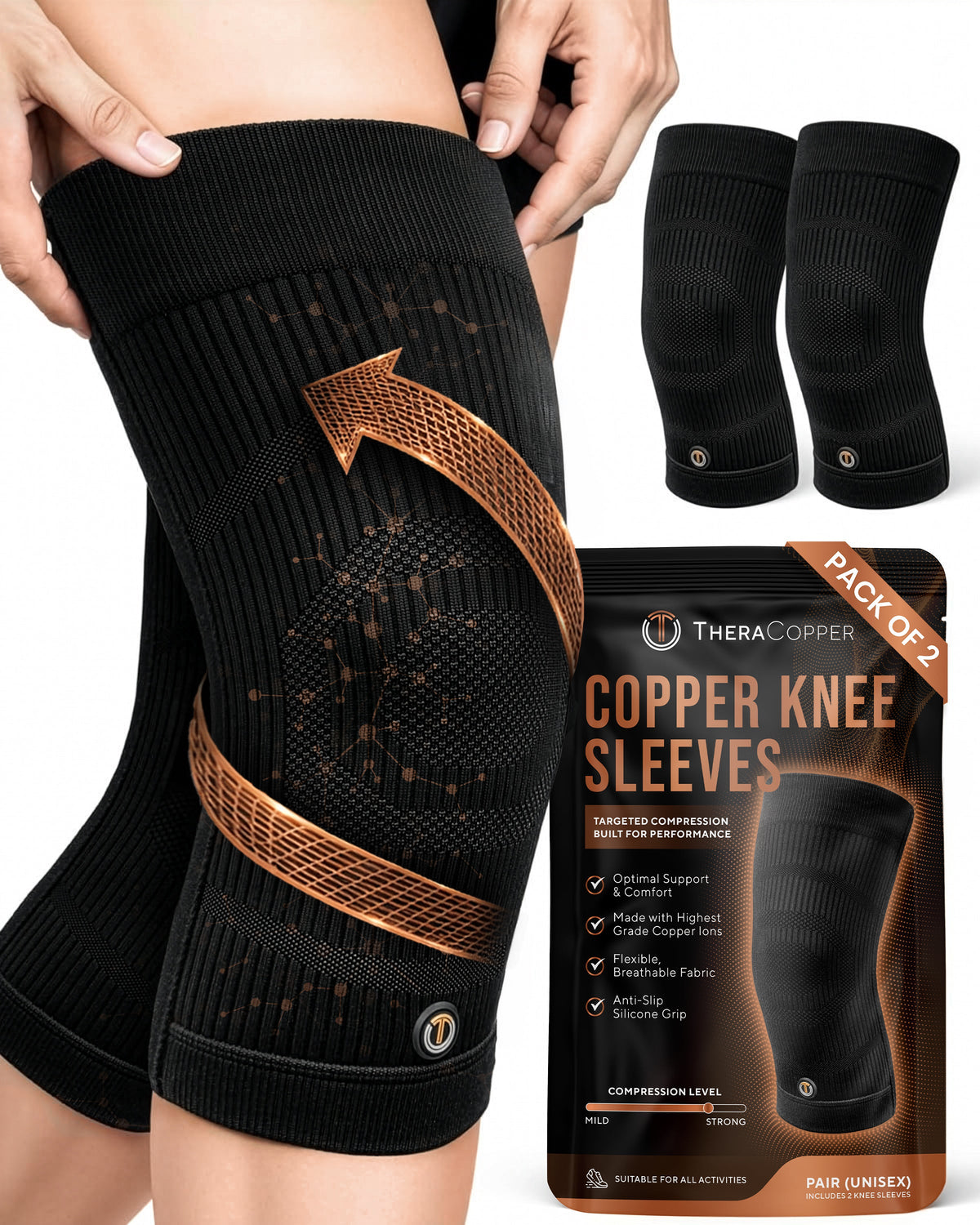 TheraCopper Compression Knee Sleeves (2 Pack)